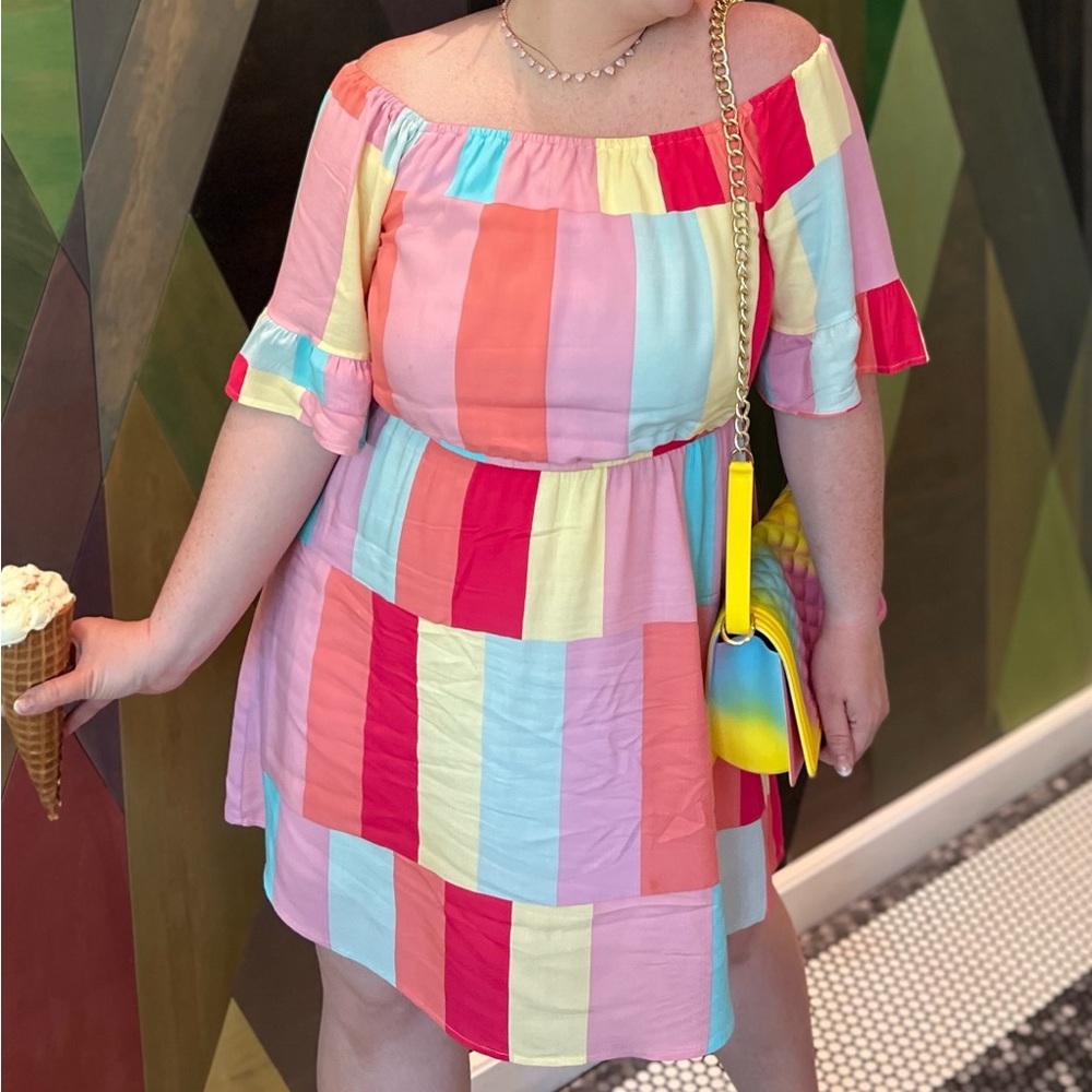 Emily Wonder Colorful Striped Off-Shoulder Dress